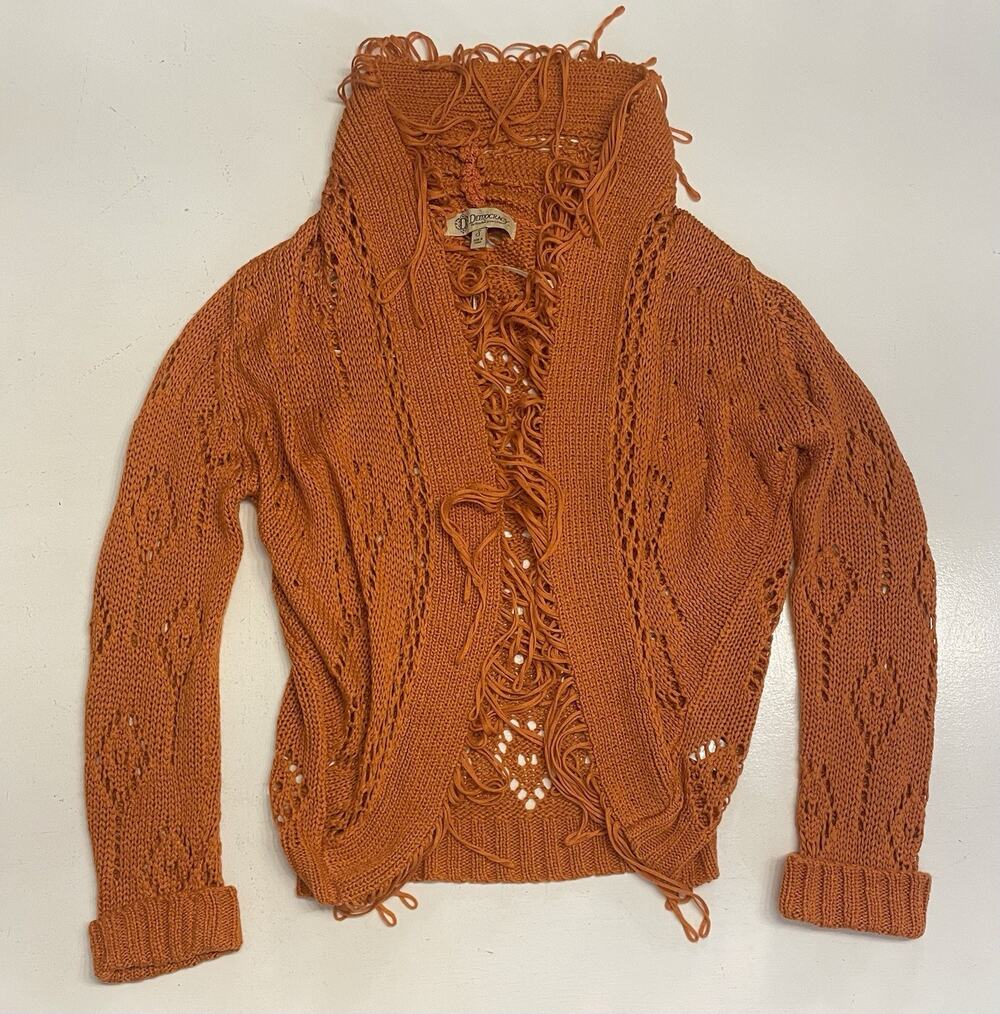 Democracy Womenβs Knit Fringe Sweater Small Orange Open Shawl Crochet Pointelle